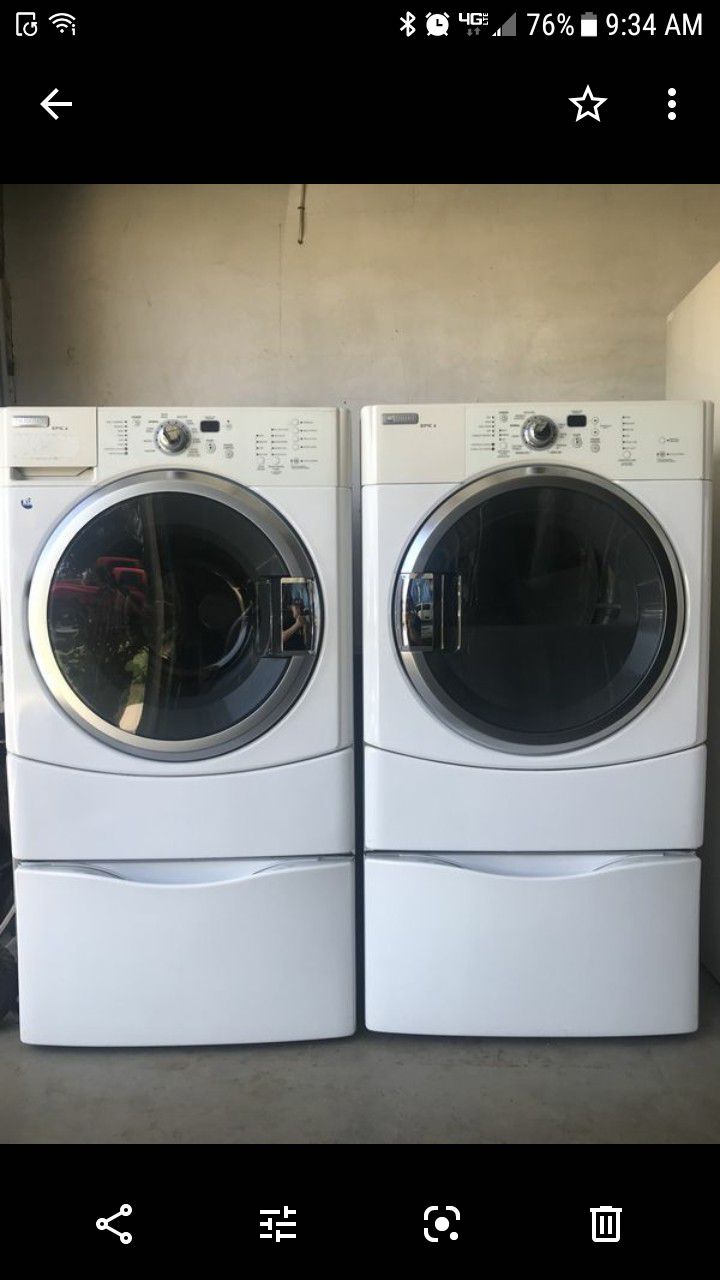 Maytag Epic Z washer and dryer front loader with pedestals