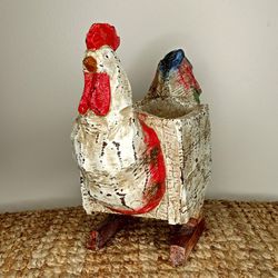 Farmhouse Rustic Carved Resin Rooster Plant Holder