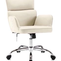 Home Office Chair with Wheels, Adjustable Height Swivel Mid-Back Armchair Task Chair, Modern PU Leather Ergonomic Tilt Computer Desk Vanity Chair for