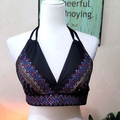 Swimsuits For All Black Halter Bikini Top with Colorful Geometric Pattern