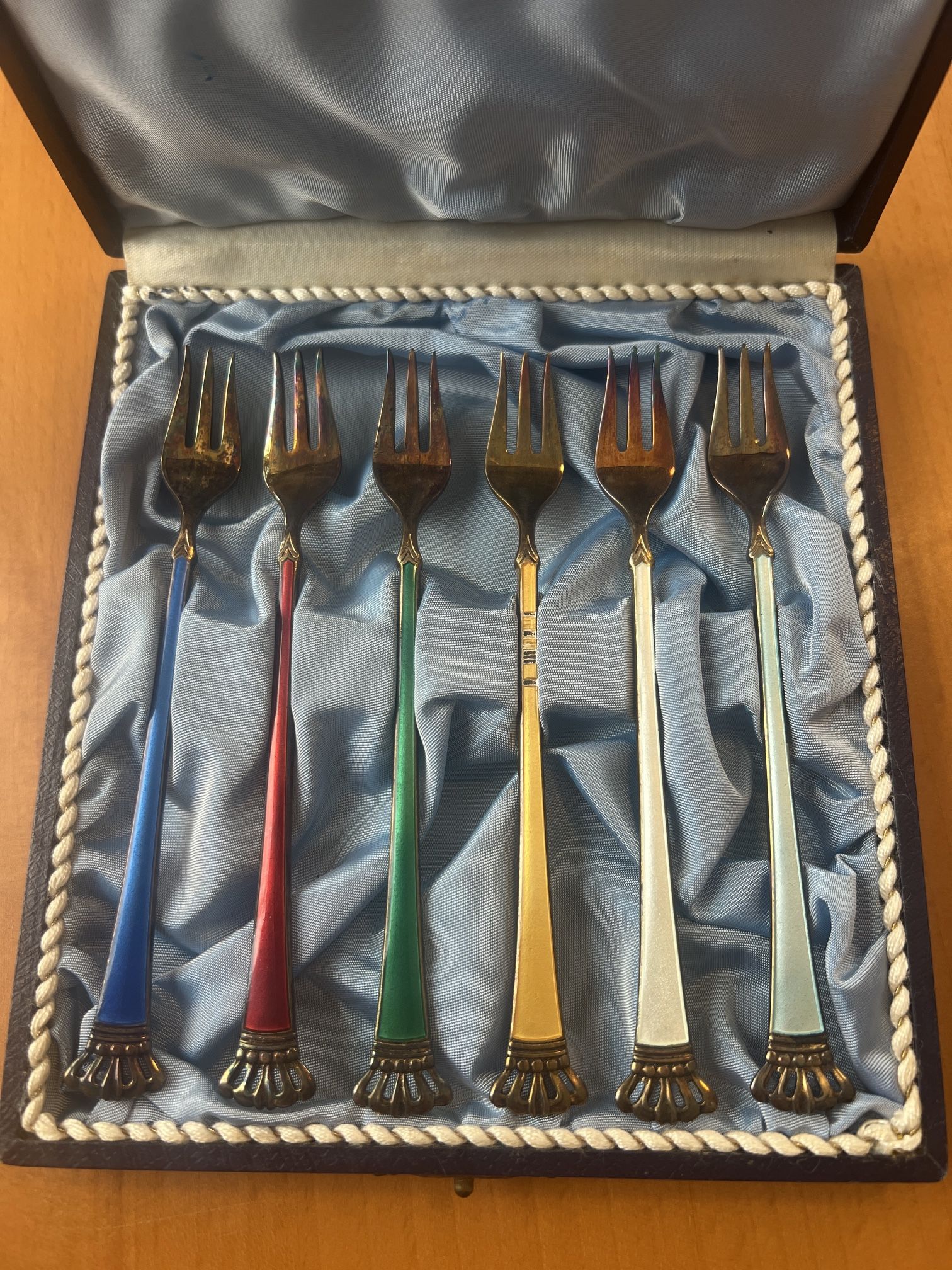 6 Ela Sterling GIFT COBALT ENAMEL CROWN TOPPED SEAFOOD FORKS IN BOX