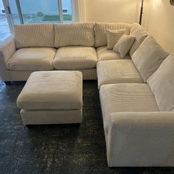 New Corduroy Fabric Sectional.  Off White / Beige.  99” X 99”.  Free Delivery!