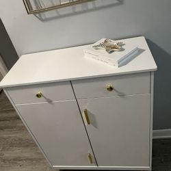 White Wooden Shoes Storage Cabinet with Adjustable Shelves and 2 Drawers
