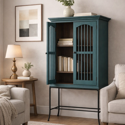 Teal Book Cabinet on Curved Iron Base – Vintage Display Cabinet