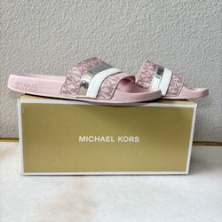 Michael Kors 8 Sandals Slide Soft Brandy Pink Silver &white Logo Slip On Like New 