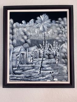 Oil painting on canvas signed Haitian art Framed Black and White Tropical Village Painting
