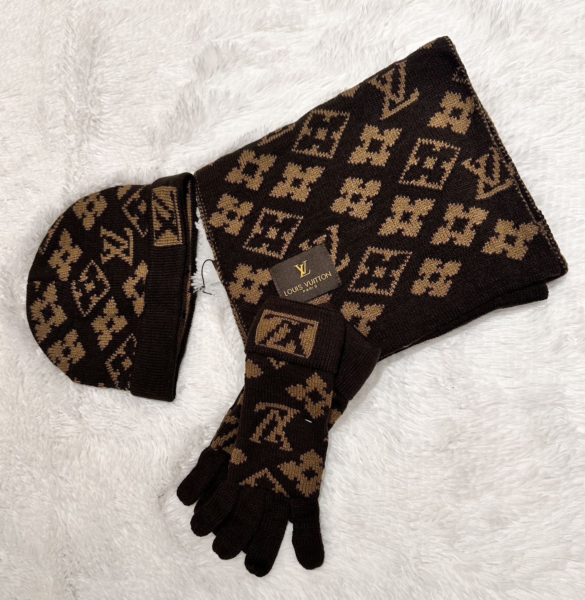 LV Louis Vuitton Winter Set Hat Gloves Scarf 