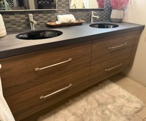 60” vanity walnut veneer with counters and 2 sinks