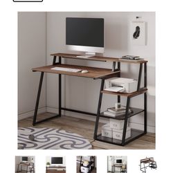 H0B5130Q HOMOOI Computer Desk with Printer Shelf & Storage Shelves,55 inch Study Writing Table Workstation for Home Office, Rustic Brown