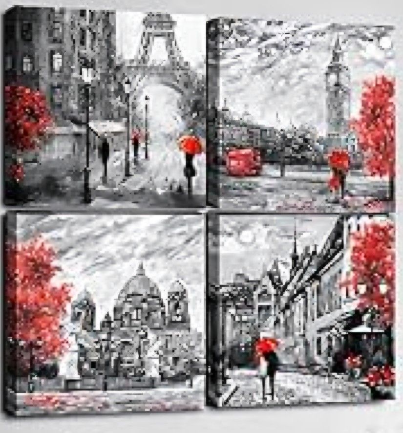 Paimuni Black White Red Wall Art Big Ben Eiffel Tower Berlin Street Romantic Picture Canvas Prints Wall Decor