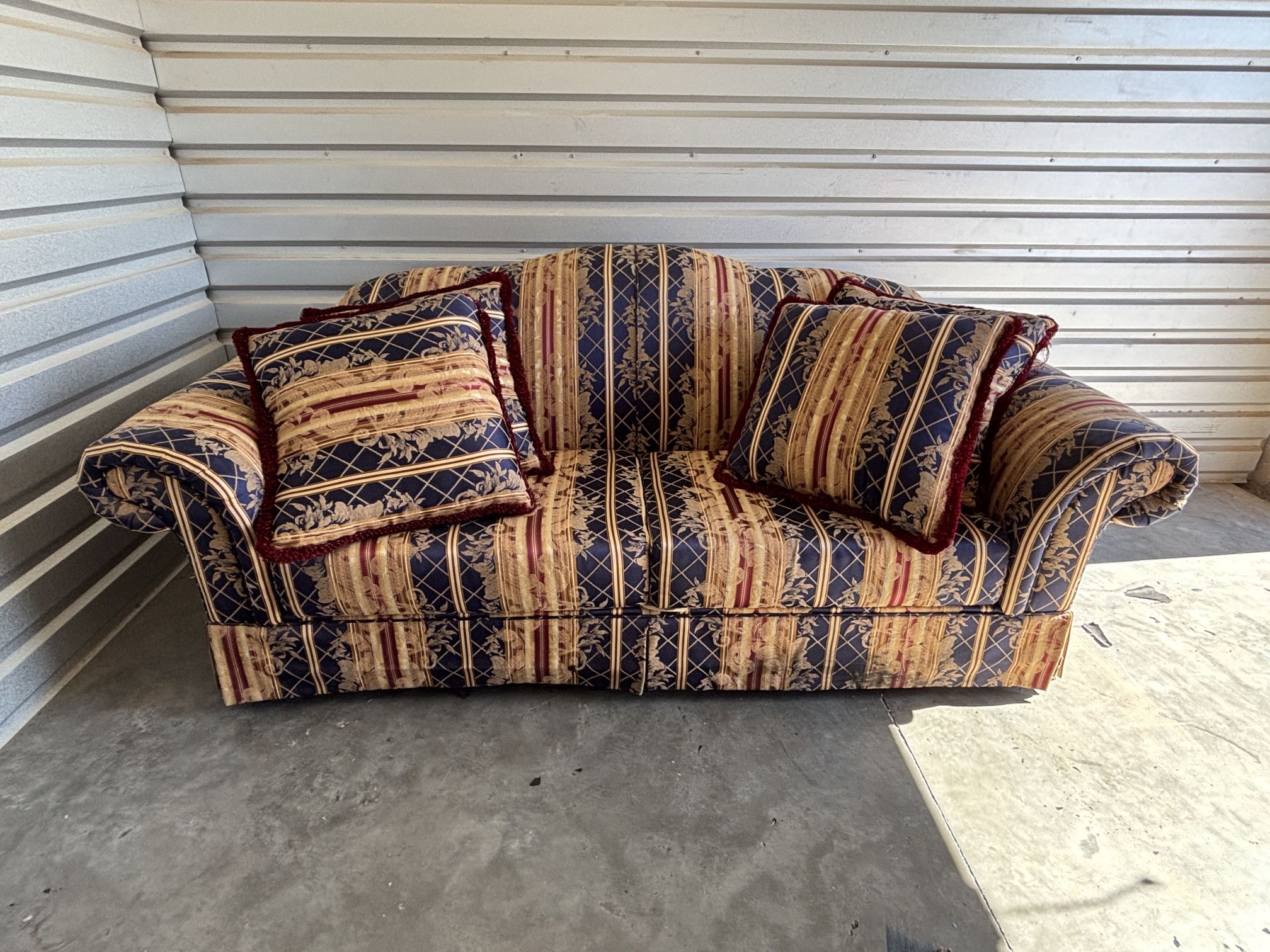 Gold Blue Upholstered Loveseat Couch with Accent Pillows