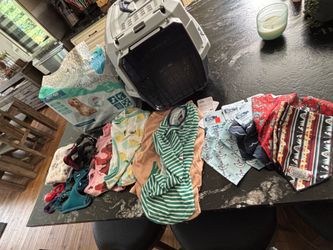 New puppy kit! Small travel kennel, pads, harnesses, collar, clicker, clothes,surgery suits