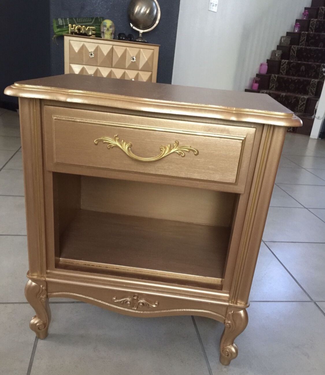 Classy Gold Nightstand Bedside Golden Night Table Bed Commode Side Cabinet Gold Furniture Drawer Library Books 