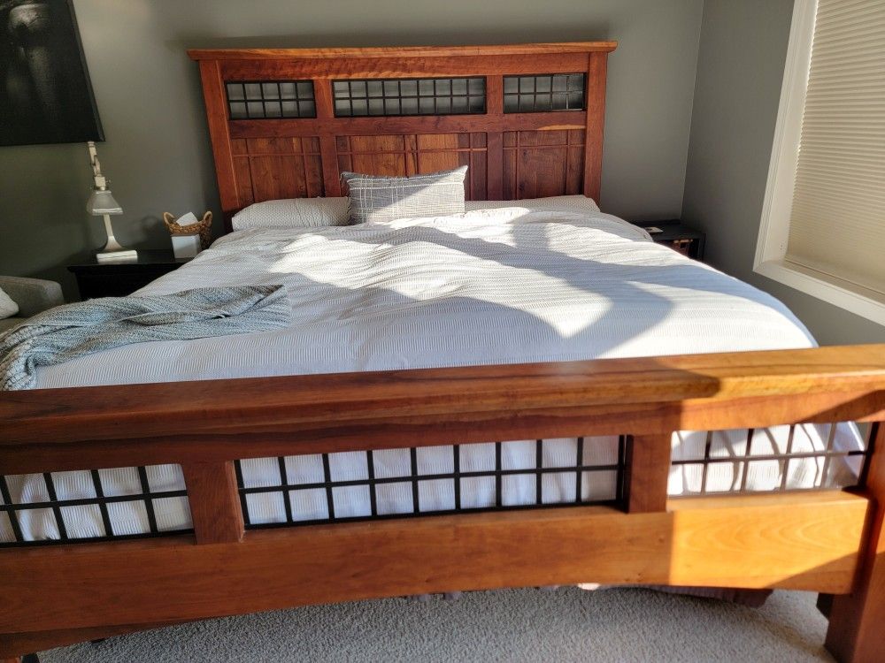 California King Custom Made Cherry And Powder Coated Metal Headboard And Footboard