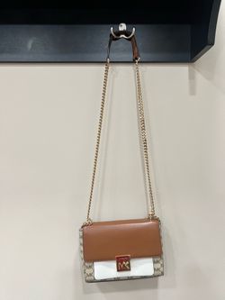 Michael Kors Chain Shoulder / Crossbody Bag – Brown, White MK Logo Print & Gold Hardware