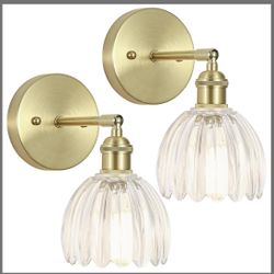 Kvhiiw Vintage Wall Sconces Set Of Two,Hardwired Wall Lights With Clear Tulip Glass Lampshade,Gold Wall Lamps For Bedroom Bedside Stairway Bathroom Li