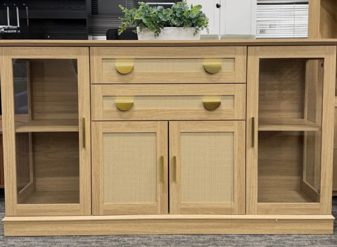 Natural Tan Glass Cabinet w/ Drawers and Adjustable Shelves