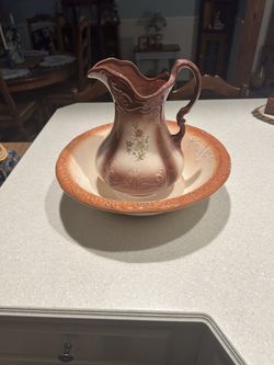 ANTIQUE IRONSTONE WASH BASIN AND PITCHER DEEP BROWN RUST ROSE FLORAL DESIGN  SCROLLWORK