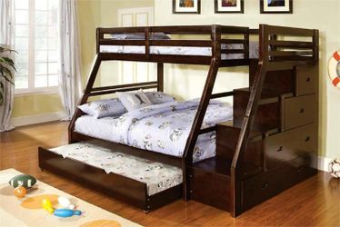 Twin/Full Bunk Bed w Stairway Chest and Trundle - Espresso Color