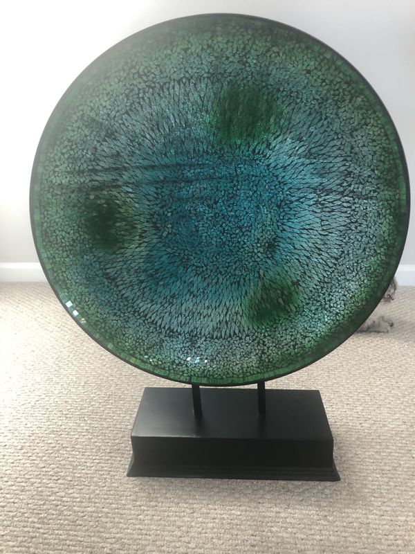 24 “ Elegant glass decorative plate, blue. And green turquoise cracked