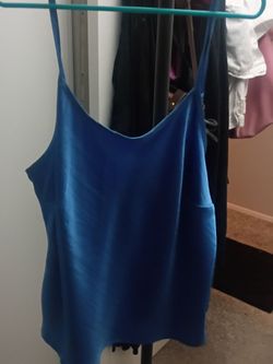 Blue Satin Cami Tank Top full length matching skirt and light sweater