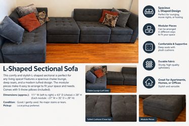 Large Gray Modular L-Shaped Sectional Sofa w/ Chaise