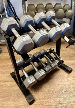 In NEW Condition Set Of Cast Iron Hex Dumbbells 5s, 12s, 20s 25s  And  30s. Total: 184 lbs [ RACK NOT INCLUDED]