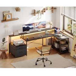 ODK L Shaped Desk with File Drawer, 75" Reversible L Shaped Computer Desk with Power Outlet & LED Strip, Office Desk with Storage Shelves, Gaming Desk