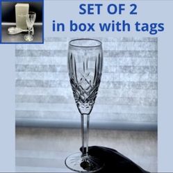 Waterford Crystal GOLDEN Araglin Champagne Flutes (SET OF 2) | Vintage IRELAND | 24K GOLD TRIM | Displayed Only ~ Includes Box & Tags