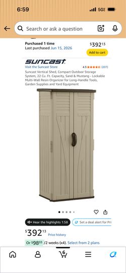 Suncast Vertical Storage Shed – 22 Cu. Ft. – Open Box / Brand New $290 OBO