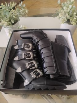 Black Leather Buckle Lace-Up Ankle Boots