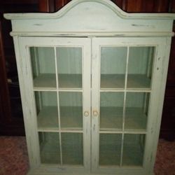 Vintage Distressed Wooden Wall Cabinet With Glass Doors And Shelves. Hanging Wall Decor Or Standing Curio Cabinet