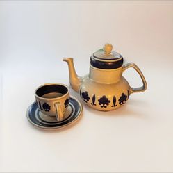 Vintage Belgium Hand Painted Teapot with Cups & Saucers – Blue & White Floral