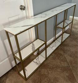 (NEW) 63” Wide Narrow Gold and Marble Console Table