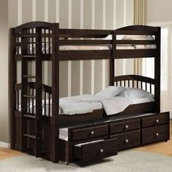 Brand New Espresso Twin/Twin Bunk Bed with Pullout Trundle and Storage Drawers