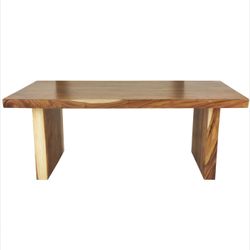 BROWN WOOD KITCHEN DINING TABLE WITH NATURAL WOOD GRAIN AND BLOCK STYLE BASE