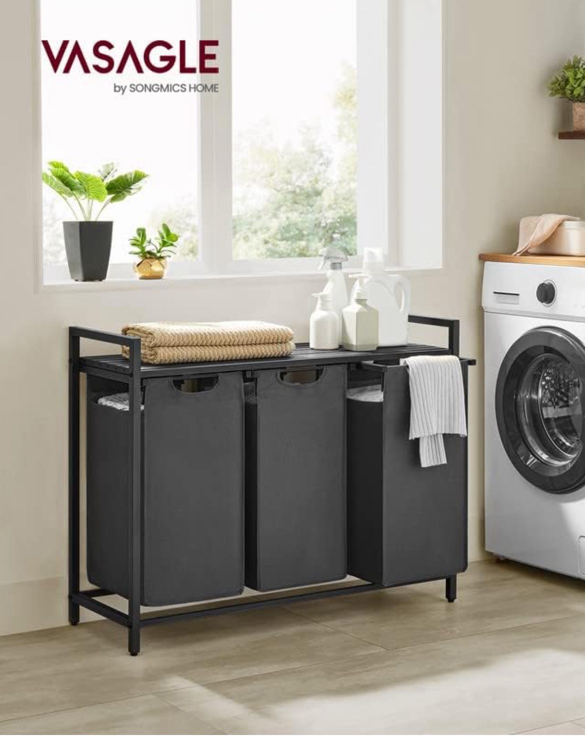 VASAGLE Laundry Hamper Laundry Sorter with 3 Pull-Out - Slate Gray and Charcoal Gray