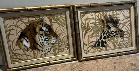 PAIR VINTAGE ANIMAL PRINT GLASS /BAMBOO FRAME
