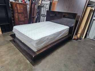 Queen Dark Wood Platform Bed Frame with Headboard
