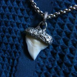Bull Shark Tooth Pendant Necklace Charm, fine silver .999 purity, handmade USA
