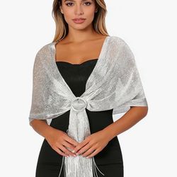 Sumolux Shawl 19”x82” Long Metallic Glitter Sparkling Silver Wrap Evening Dresses Scarf With Buckle