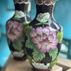  Vintage Chinese Cloisonne Enamel and Brass 9" Floral Vase Circa 1930-40s