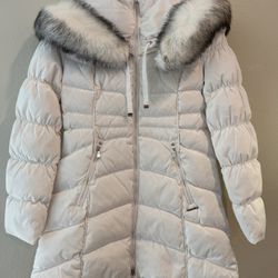 Jacket Laundry by Shelli Segal 3/4 Puffer Coat Faux Fur Trim Hood W. Size XS