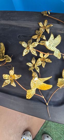 Vintage MCM Art Wall Hanging Decor Hummingbirds Flowers Branches Brass Copper