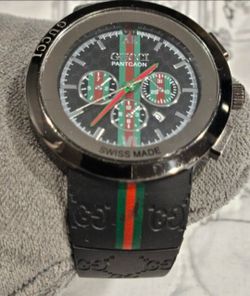 Gucci Pantcaon Style Black Chronograph Watch – Red Green Stripe Rubber Strap
