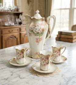 Antique R.S. Germany Porcelain Chocolate Pot Set - Lidded Pitcher, 3 Cups & Saucers
