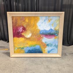 Abstract Multicolored Framed Canvas Painting with Wood Frame