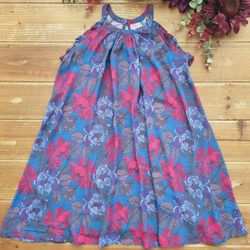 SIZE 9-10 GIRLS MAGENTA & PURPLE FLORAL HALTER BILLOWY DRESS