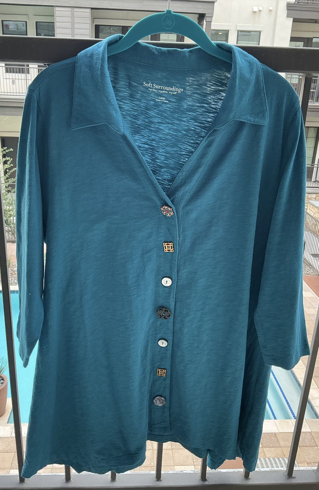 SOFT SURROUNDINGS Dark Turquoise Multi Buttons Cotton Tunic - SZ. L