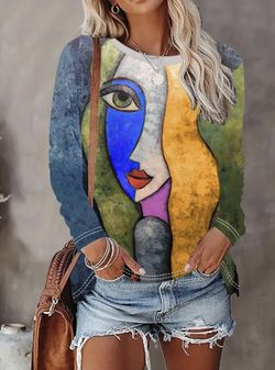 Long Sleeve Crew Neck 3D Pattern Design Printing T-Shirt Picasso Styled Art